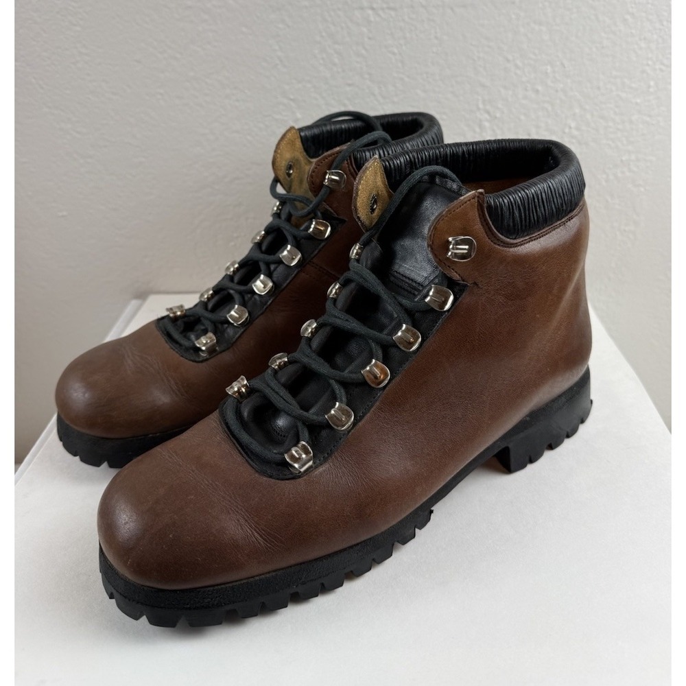 Vintage 70s Larks Spain Brown Leather Hiking Boot Lace Up Lug Sole Womens Sz 6.5